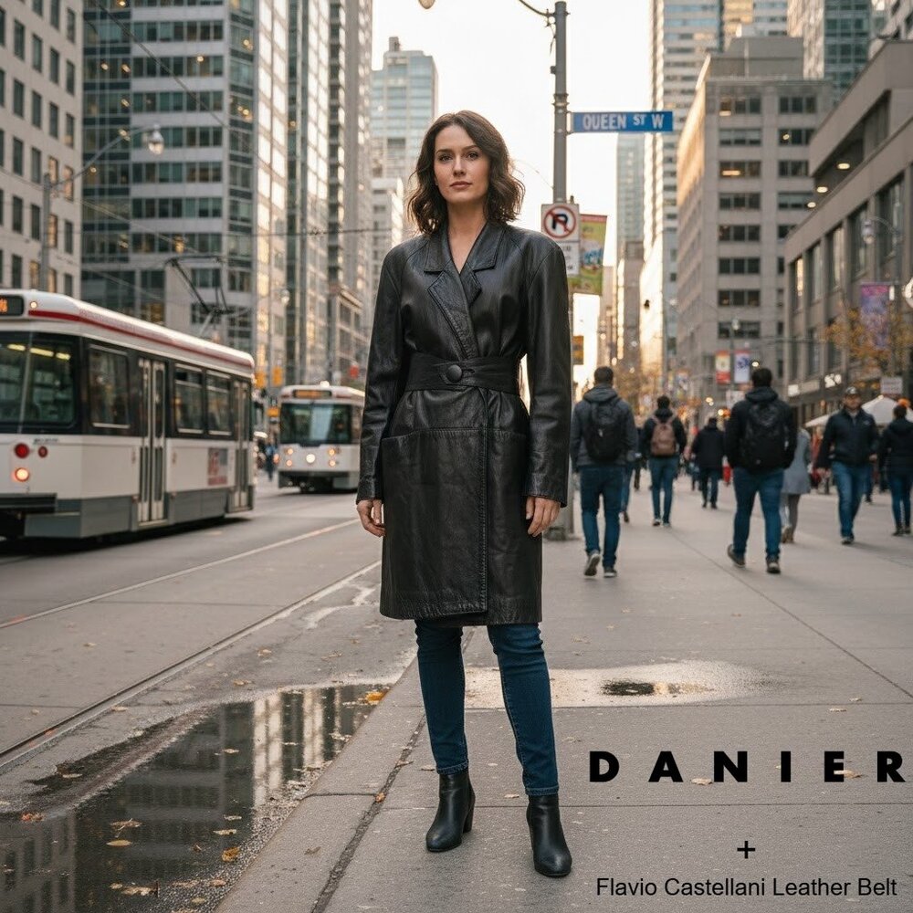 Danier Genuine Leather Double Breasted Wrap Classic Trench Coat w/ Flavio Belt
